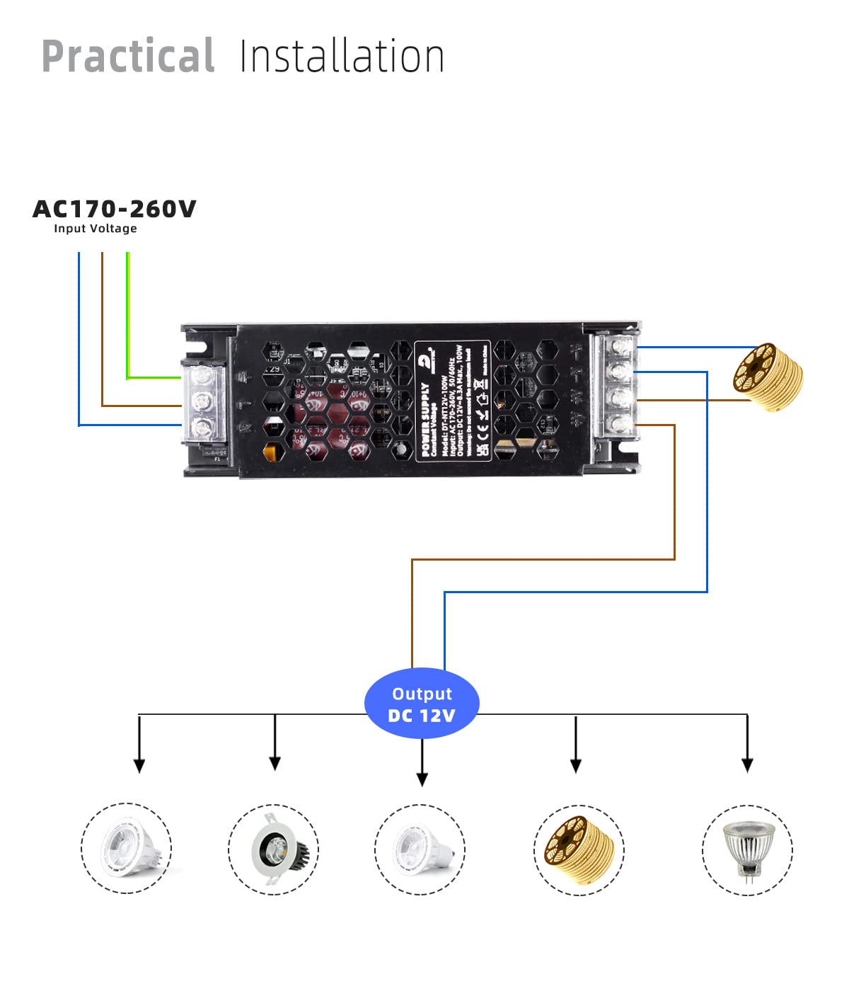 DUSKTEC Transformator LED 12 V sterownik 60 W, zasilacz kierowcy 5 A, zasilacz prądu stałego niskiego napięcia, konwerter 220 V AC na DC do taśm świetlnych LED MR16 G4 CCTV
