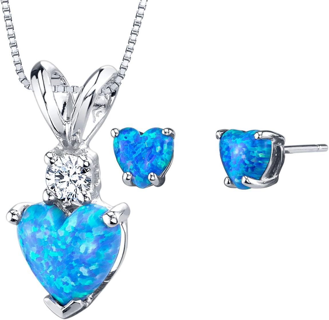 PEORA 14K White Gold Created Blue Opal Pendant and matching Earrings - Heart Shaped Diamond Pendant 0.50 Carat + Heart Shaped Opal Stud Earrings 1 Carat