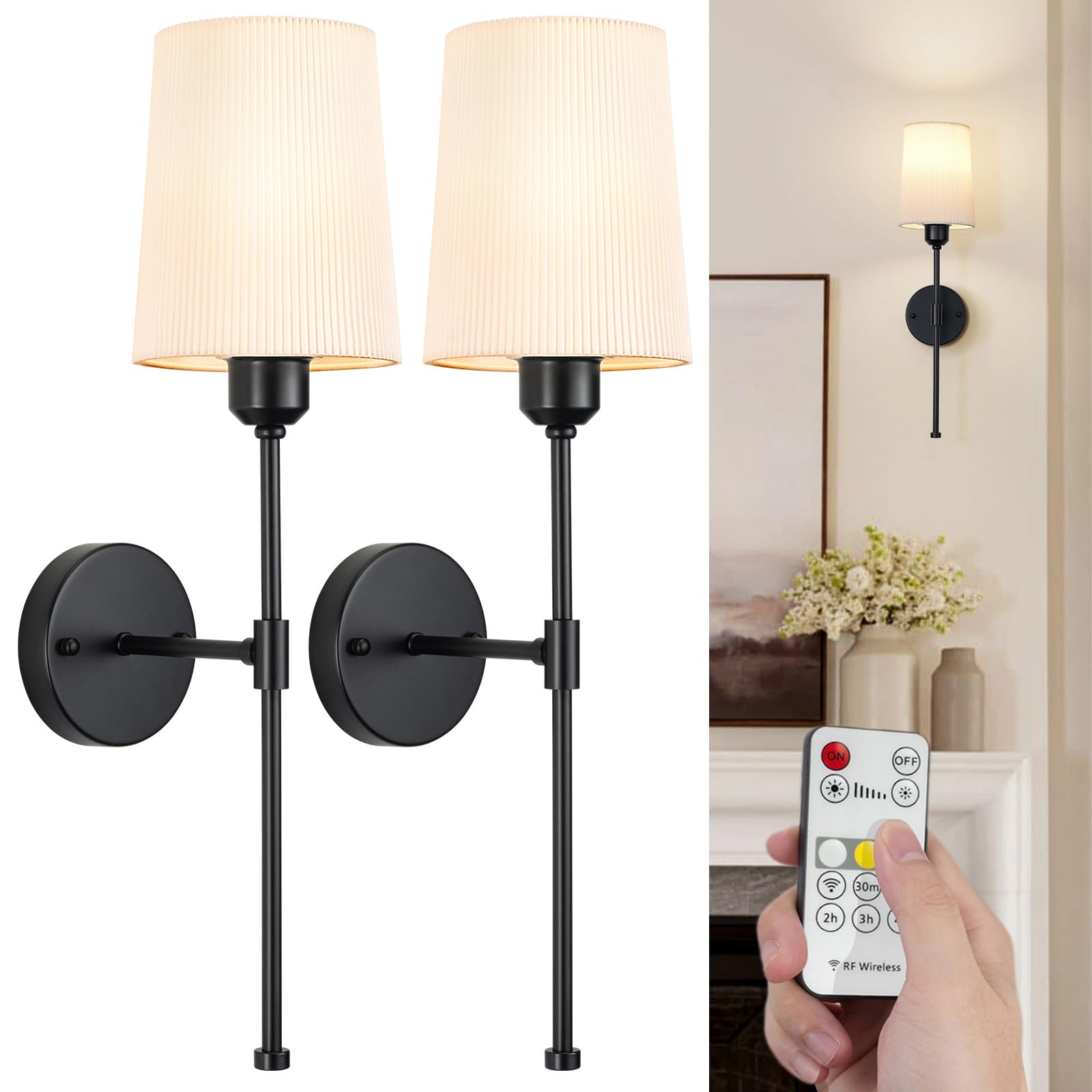 NookNova Battery Operated Wall Sconces Set of Two, Pleated Rechargeable Wall Sconces Wireless Sconces Set of 2 Battery Powered Wall Lights Sconces Wall Decor for Bedroom Living Room