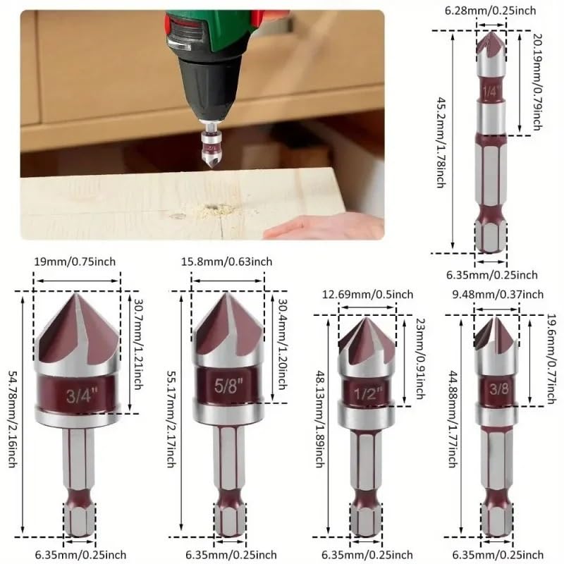 Juego de brocas avellanadoras 5 uds., 1/4 ", 3/8", 1/2, 5/8", 3/4, desbarbado avellanadas con vástago hexagonal for madera, Metal y plástico