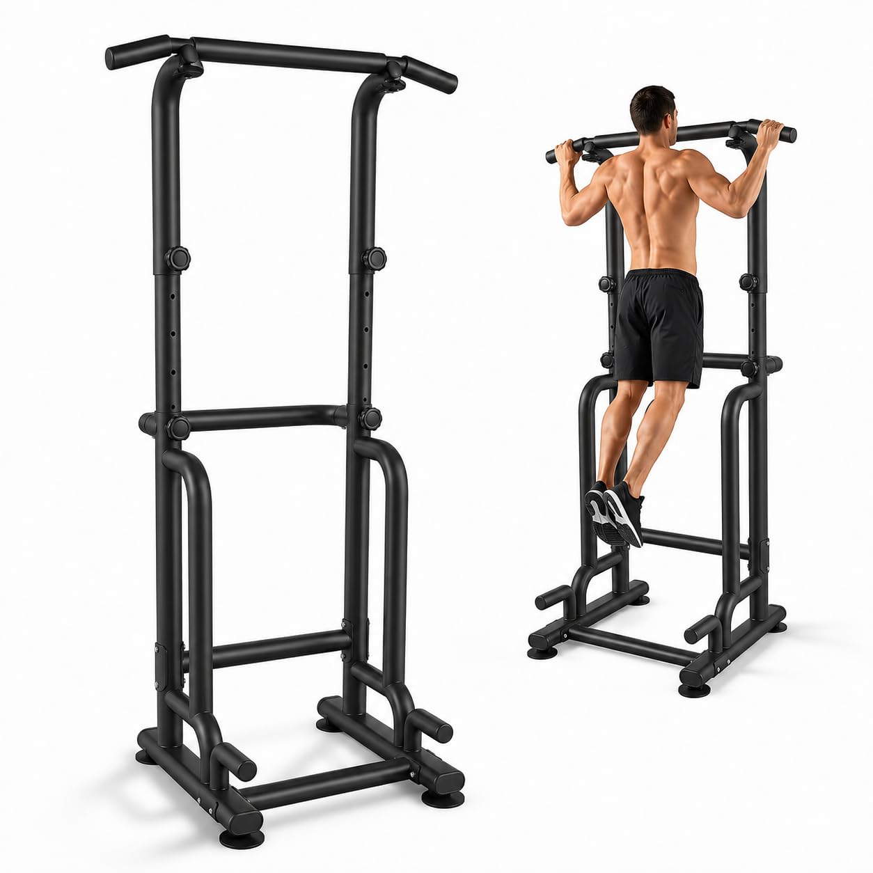 Barra de dominadas independiente de hasta 215 cm, estación de fondos Power Tower de hasta 150 kg, ajustable en 9 direcciones, estación de fuerza compacta con barras para fondos, barra para fondos