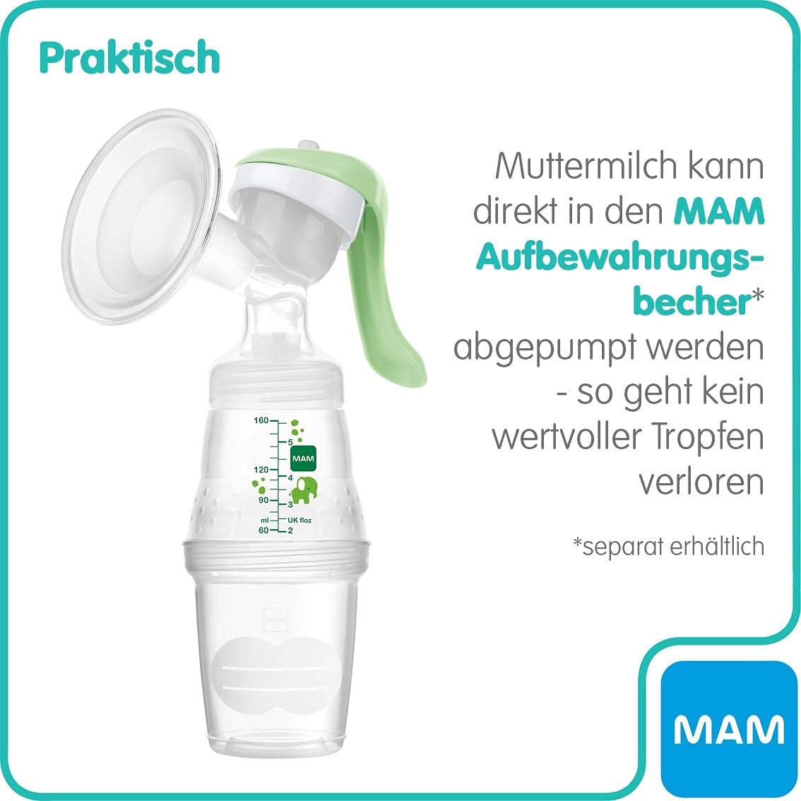 MAM 2in1 Milchpumpe, Hand & elektrisch, inkl. MAM Anti-Colic Flasche | Leises und komfortables Pumpen, weicher Silikon-Brusttrichter, Neugeborenen-Essentials