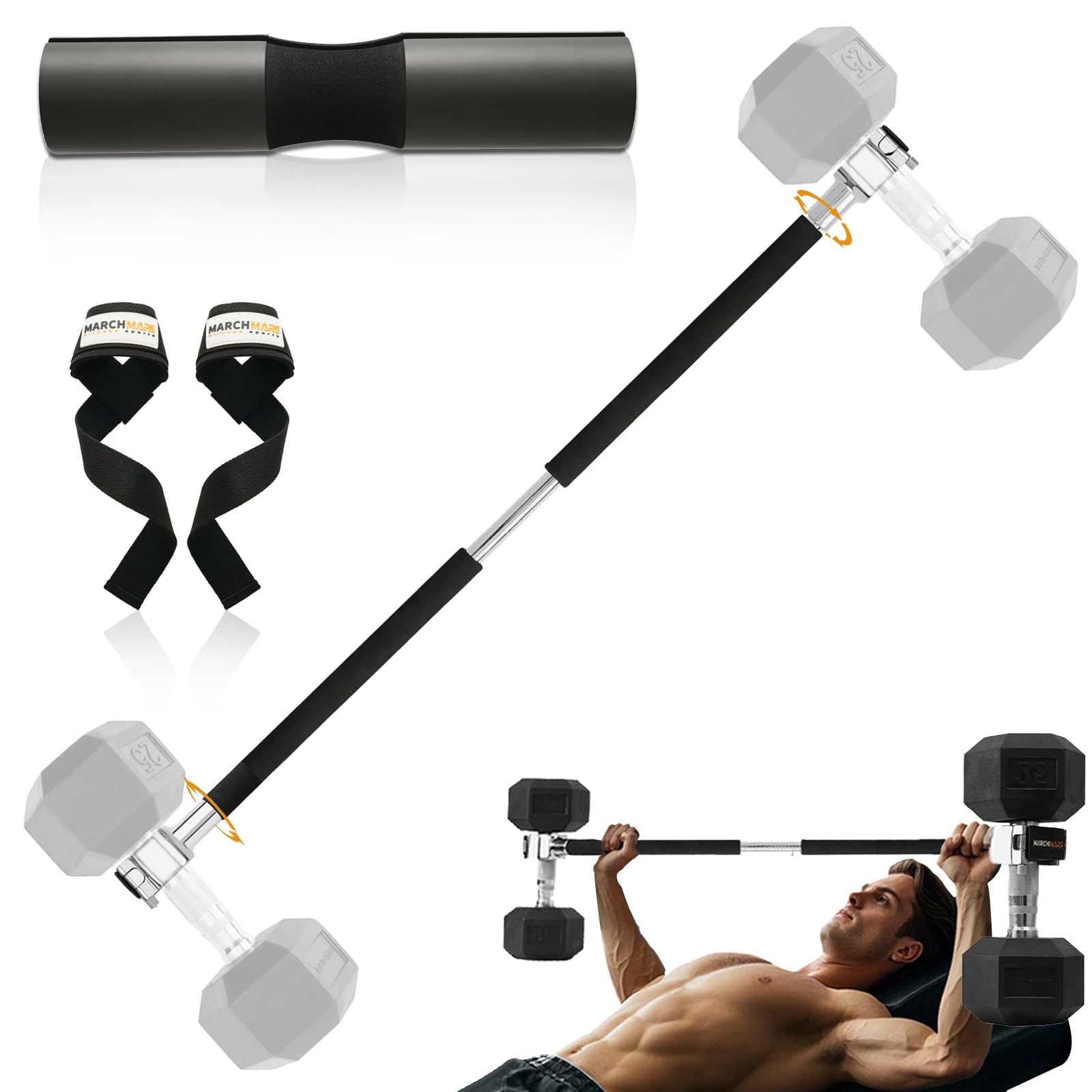 MARCHMARS Dumbbell Barbell Converter Bar Set, Adjustable Dumbbell Converter for Home Gym, Compatible with Most Dumbbells Including BowFlex, All-Steel Bar, Supports Up to 220 lbs for Weight Lifting