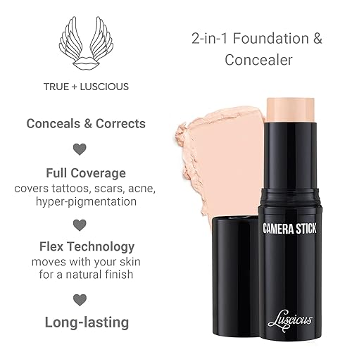 Miniatura 4 de True + Luscious Camera Stick Foundation - Base de maquillaje crema de cobertura completa, fórmula no comedogénica e hidratante, vegano, sin