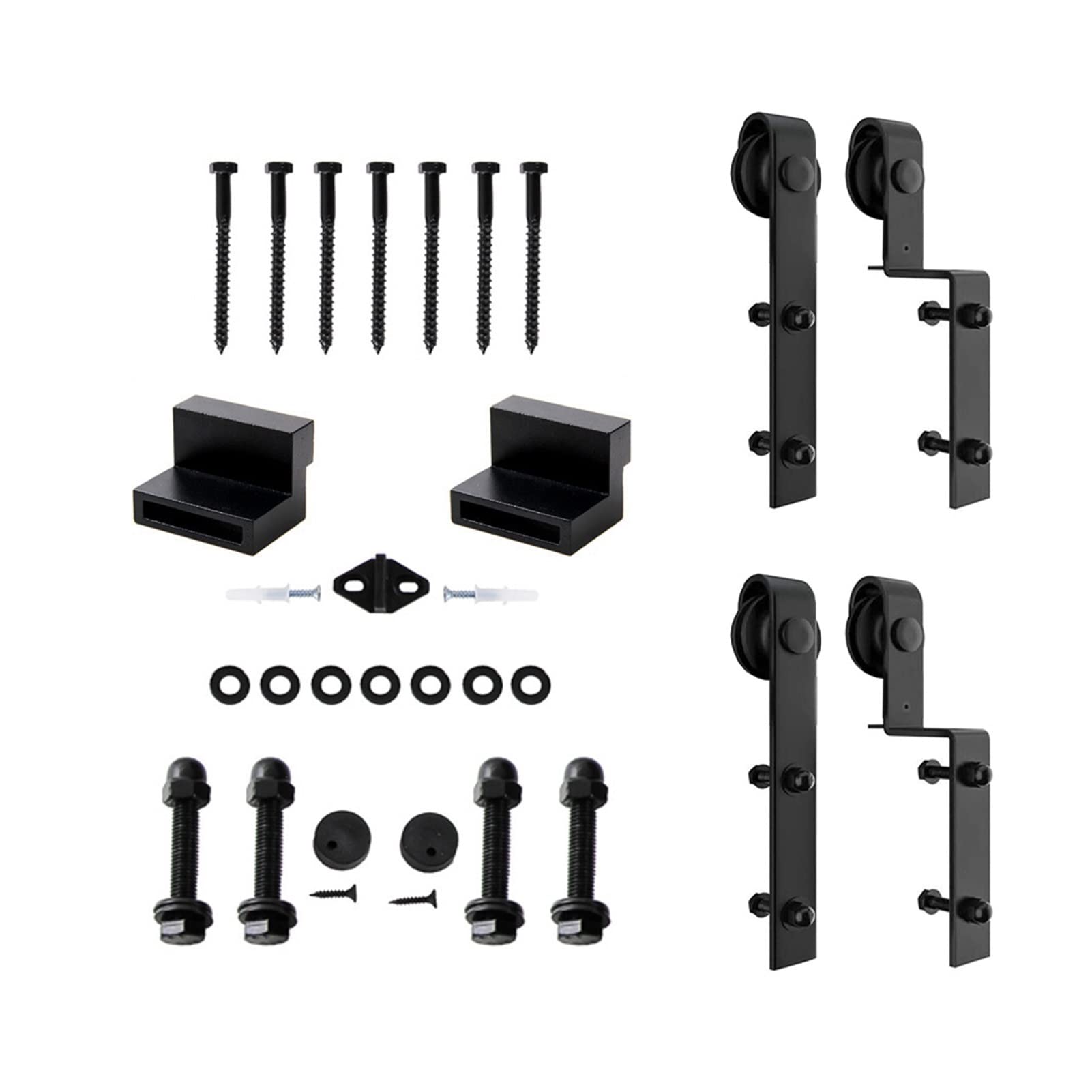 Sliding Door Hardware Bypass Sliding Barn Door Hardware Rollers for Double Doors Smoothly Quietly Door Panel Black Bent Hanger System (J Shape Hanger)(Two Rollers)