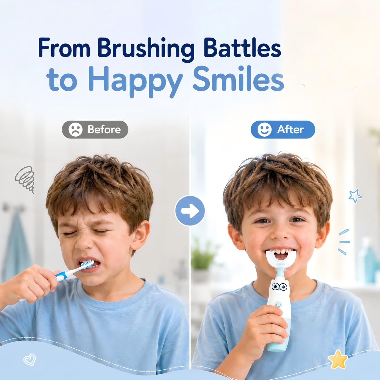Cepillo de dientes eléctrico para niños, cepillo de dientes en forma de U con 3 cabezales, diseño de limpieza de boca completa de dibujos animados de búho, IPX7 impermeable, relleno de