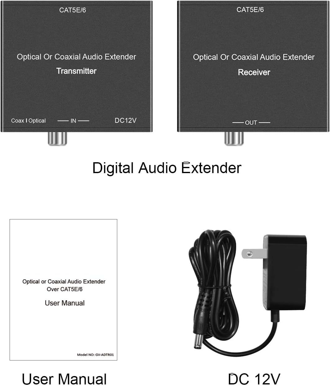 Digital Audio Extender Digital Optical/Coaxial Digital Audio Extender/Converter Over Single Cat5e/6 Cable (PoC) up to 500’ Standard Supported for LPCM, DD5.1, DTS, and D True HD