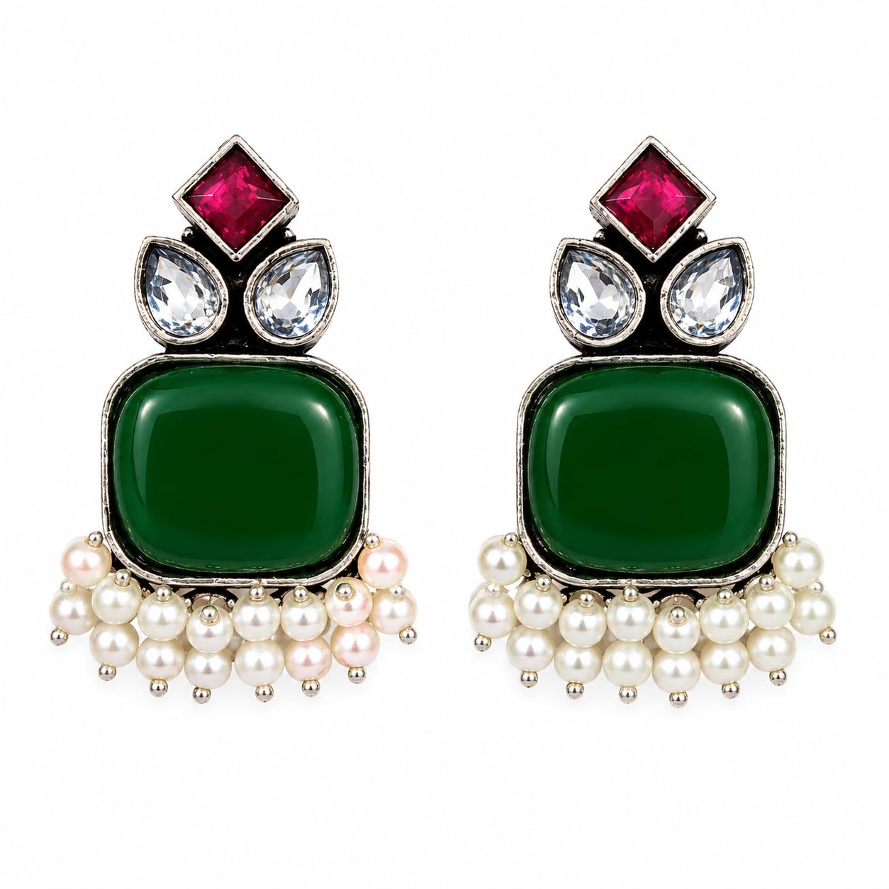Brass Stone Studded Pearl Drop Earrings for Women | Square Statement Earrings with American Diamond & Pearl Hanging | Party, Festive & Ethnic Wear-image-26