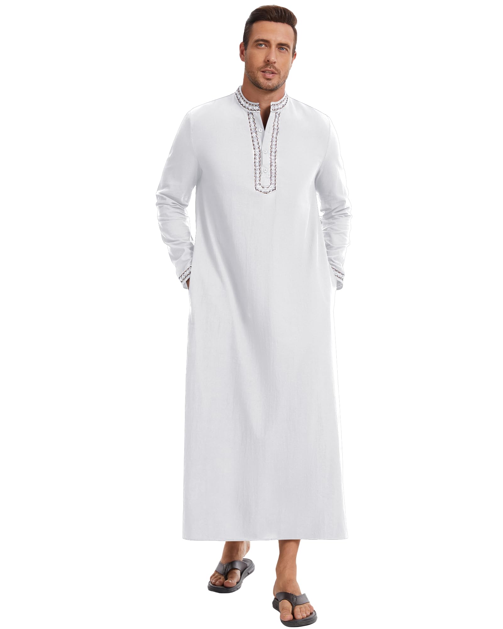 NANAMEEI Caftano Uomo Manica Lunga Con Tasche Abbigliamento Islamico Preghiera Abbigliamento