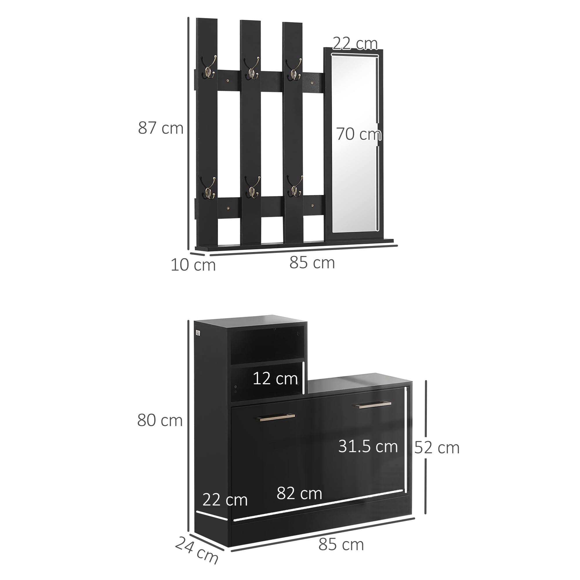 HOMCOM Set Appendi Abiti da Ingresso con Specchio e Scarpiera per 8 Paia di Scarpe, Legno Nero Lucido
