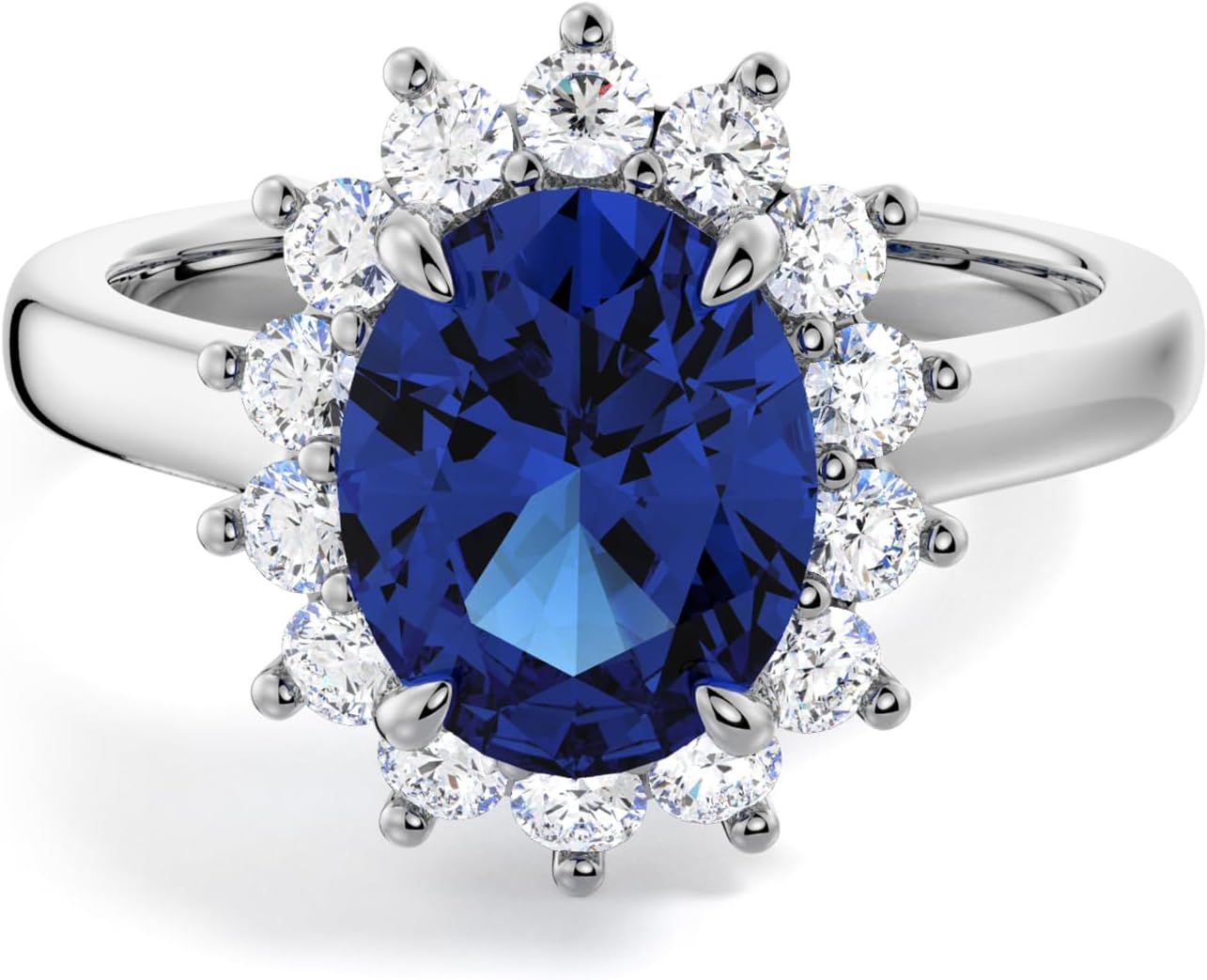 MSBLUE 3 Carat Lab Grown Oval Sapphire Engagement Ring, 14K White Gold Vermeil, Moissanite Halo, Princess-Inspired