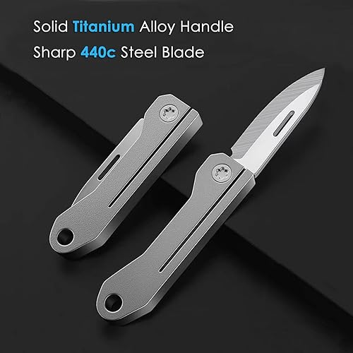Miniatura 4 de Juzpio Titanium Alloy Small Keychain Knife, Mini Folding Pocket Knife for Women Men, EDC Box Cutter (Titanium Alloy Handle 440c Steel Blade)
