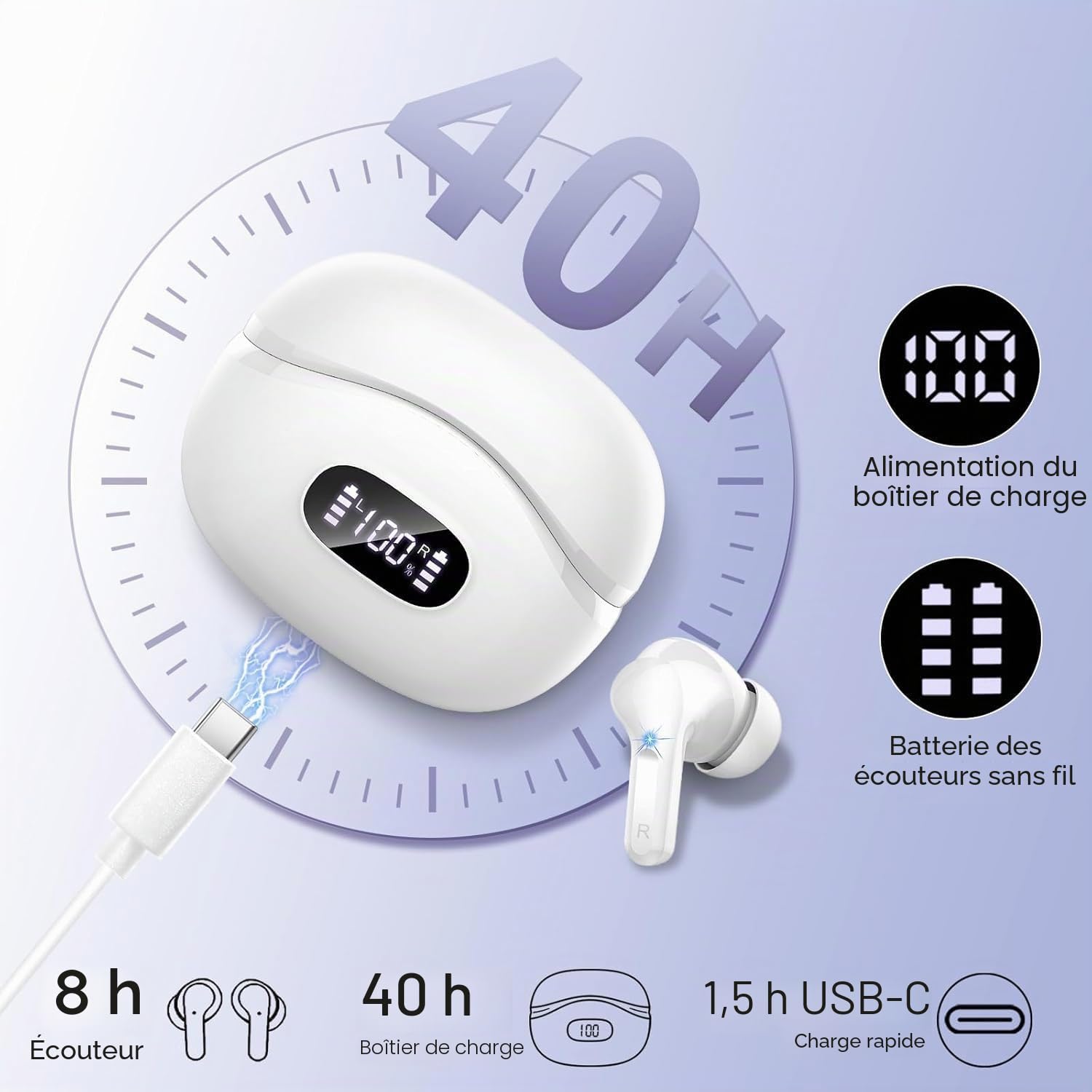 Écouteurs Bluetooth Sans Fil, 2026 Casque Bluetooth Micro Anti-Bruit, Ecouteur sans fil Stéréo Hi-Fi, 48H Oreillette Bluetooth Contrôle Tactile, Bluetooth 5.4, Étanche IP7 Sport Pour iOS/Android