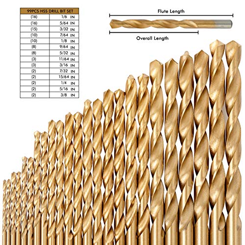 BeHappy Drill Bit Set 99 Pcs, 1/16"-3/8" Titanium Twist Drill Bit Set, Drill Bits for Metal and Wood, High Speed Steel Drill Bit Set for Wood Plastic Aluminum Alloy Drilling