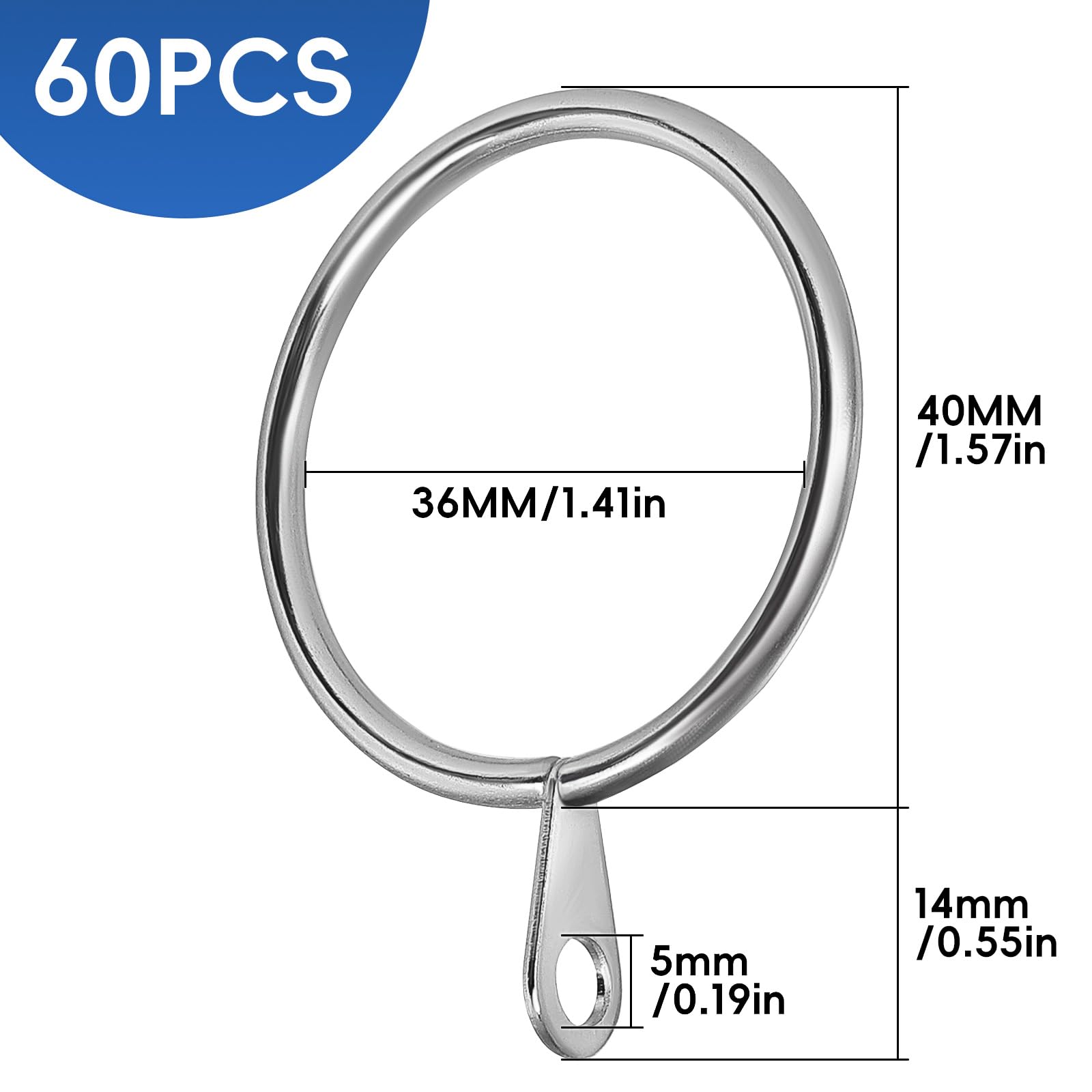 winbest 60 Pack Curtain Rings, 38mm Internal Diameter Metal Curtain Rings Silver Hanging Curtain Pole - Image 2