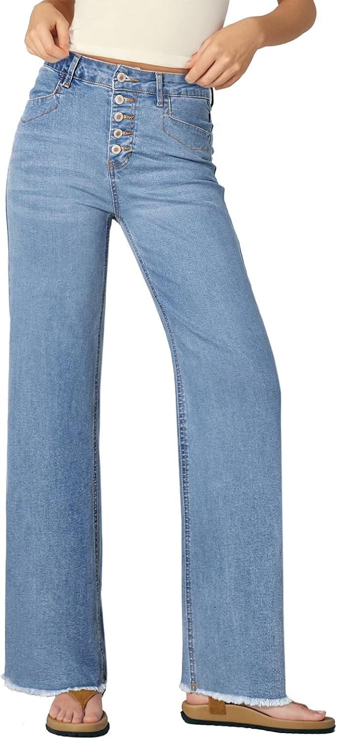 Sidefeel Women Jeans High Waisted Straight Leg Stretchy Trendy Button Fly Raw Hem Wide Leg Denim Pants