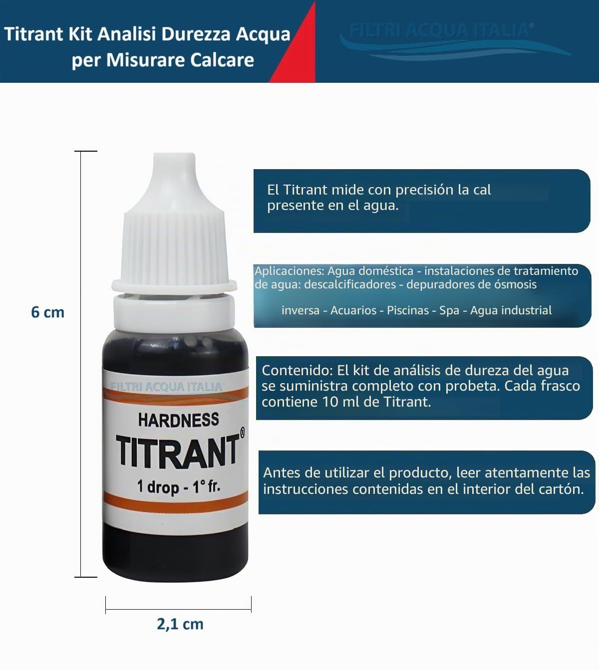 Juego de 2 filtros de agua Italia Titrant para análisis de dureza de agua (grados franceses)