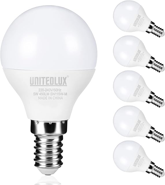 UNITEDLUX E14 LED Light Bulb 40W Equivalent, 5W Edison Screw LED Golf Ball Bulbs 6500K Daylight 25000 Hours Lifespan, Non-Dimmable 450 Lumen Light Bulbs, Pack of 6