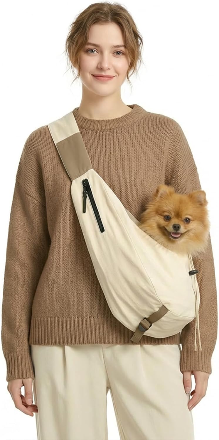Dog Carrier Sling for Small Dogs/Cats Up to 20 lbs - Multi-Pocket Oxford Pet Sling Carrier Bag with Adjustable Strap (Beige)