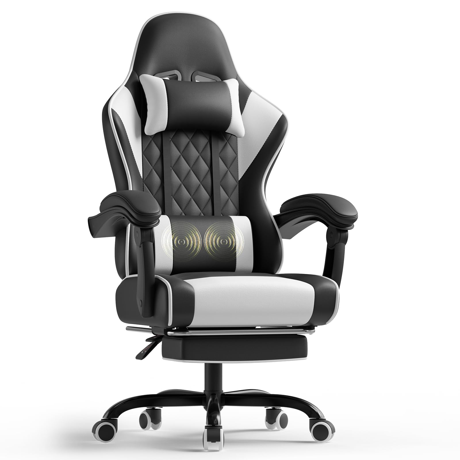 Silla Gaming con Masajeador, PU Silla de Juegos con Reposacabezas y Reposapiés,Silla de Oficina Ergonómica con Lumbar de Masaje, Reclinable 90-150°y Capacidad 150KG Blanco-Negro
