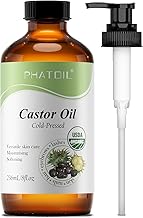 PHATOIL Organic Castor Oil 236ml, Cold Pressed & Pure - USDA Certified Organic, Hexane-Free Massage Oil for Hair Growth, Eyebrows, Eyelashes & Skin Moisturizing - Glass Bottle with Pump Dispenser