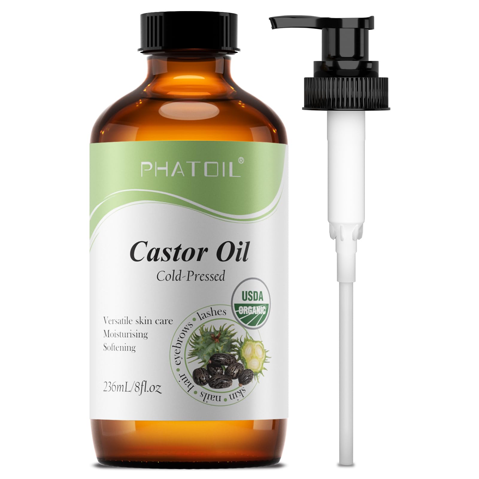PHATOIL Castor Oil Organic Cold Pressed Unrefined Glass Bottle with Pump, 236 ml (8 fl.oz) USDA Certified Organic Castor Oil for Hair Growth,