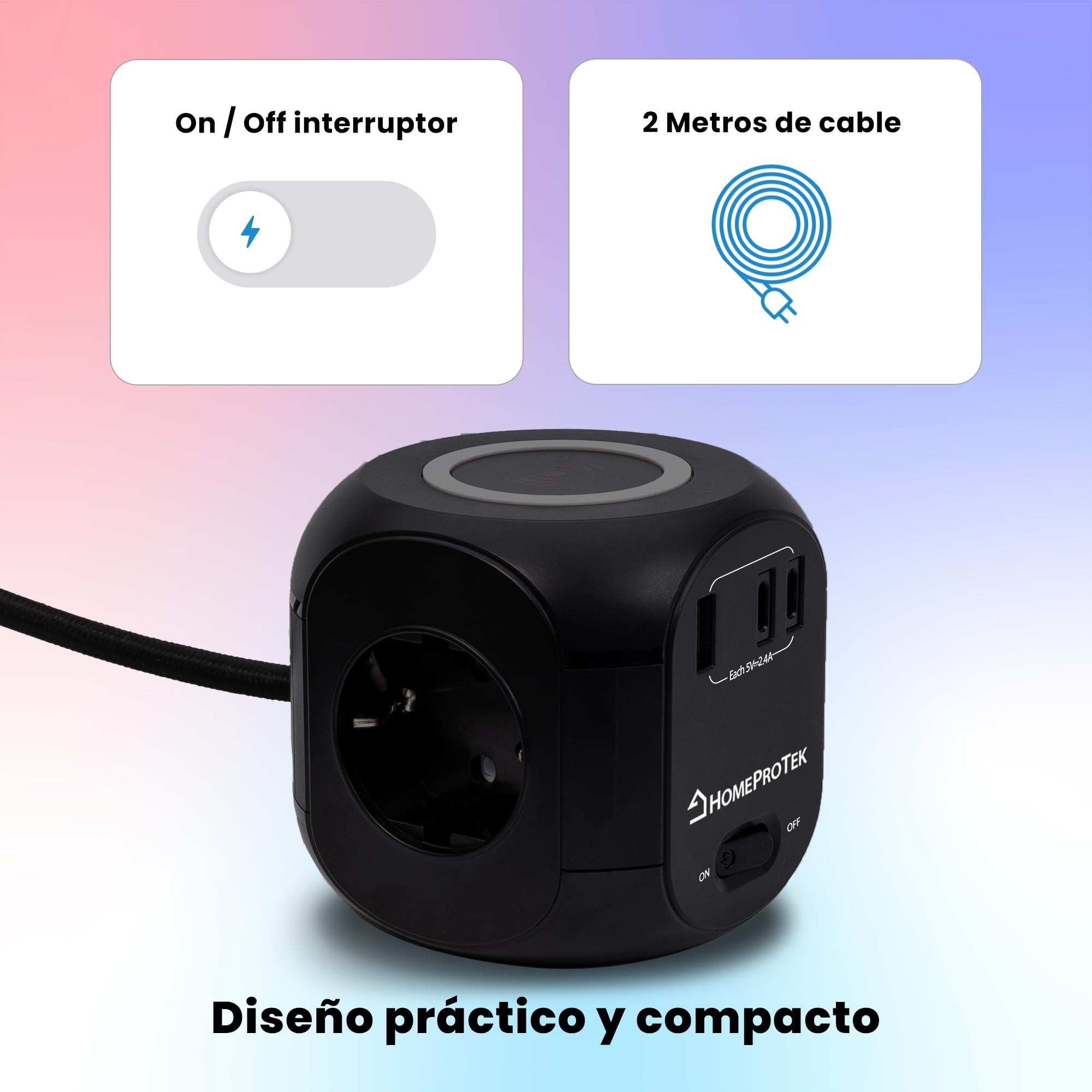 HOMEPROTEK Cubo Regleta USB - Regletas Enchufes con Cargador Inalámbrico - Ladron Enchufes con 3 AC, 2 Puertos USBC y 1 USBA - Enchufe Multiple Práctico y Compacto para Uso Diario - Negro