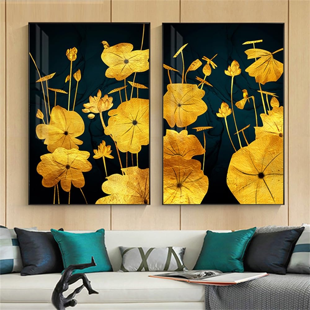 Wuhbcz Multicolored Art Decor,Abstract Black Golden Canvas Painting Lotus Leaf Posters And Prints Big Wall Art Pictures For Living Room Office Gold Plant Decoration Artwork-40 * 50Cm*2Pcs (No Frame)
