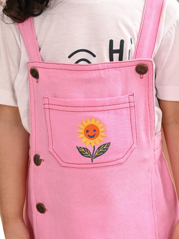 Image of superminis Girls Twill Denim Solid Color Dungree /Dress With Embroidered Pocket (1 Dress,1 Tee)