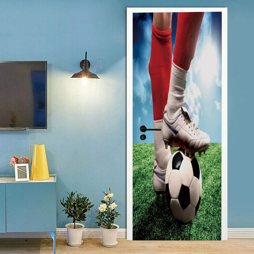 Papier peint de porte football impermeable pour relooker une salle de jeux