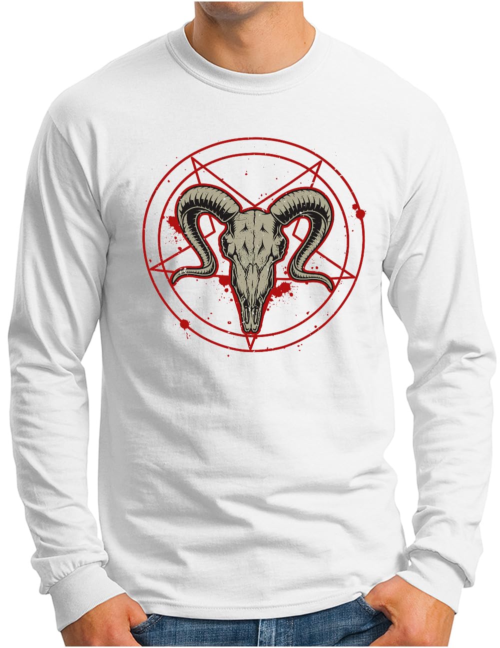 T-shirt manches longues OM3 blanc de qualité supérieure avec motif pentagramme Baphomet