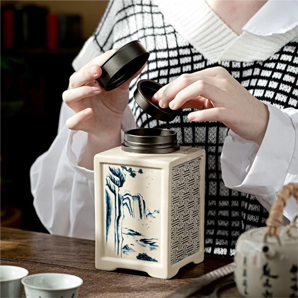 LYGSWDB Słoik cukru Retro Ręcznie malowany obraz pejzażowy Ceramiczny luzem słoik do przechowywania herbaty Domowy duży, szczelnie zamknię słoik Zestaw herbaty Pojemnik Pojemnik na herbatę (kolor: B,