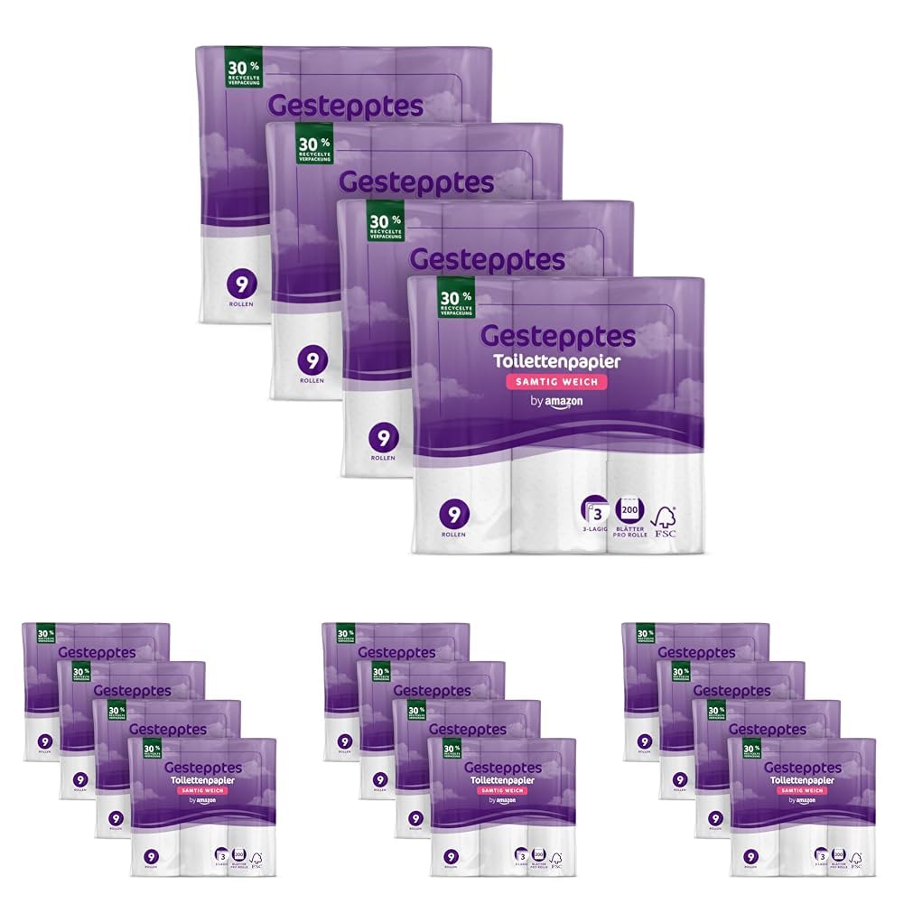 by Amazon Toilettenpapier, 3-lagig Gestepptes, Samtig Weich, 36 Rollen (9 Rollen, 4-er Pack), 200 Blätter pro Rolle, FSC-Zertifiziert (Packung mit 4)