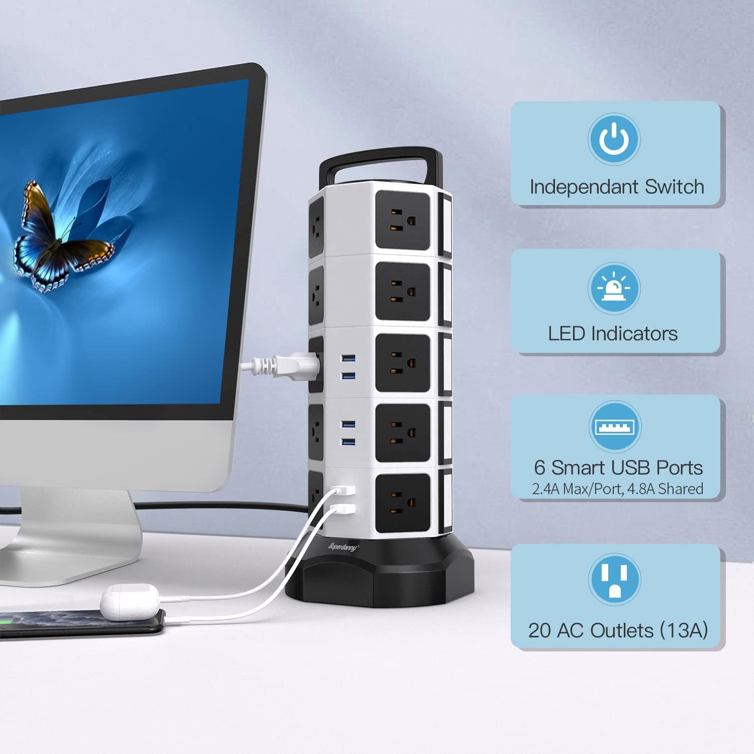 Hоt Dеаlѕ Power Strip Tower Surge Protector 1050J, JACKYLED 20 AC Outlets 6 USB Ports, 3000W 13A Desktop Electrical Charging Station, 6.5ft Heavy Duty Extension Cord, for Home, Office, Garage, White Black Exсluѕіvе Dіѕсоunt 50% Prісе Power Strip Tower Surge Protector 1050J, JACKYLED 20 AC Outlets 6 USB Ports, 3000W 13A Desktop Electrical Charging Station, 6.5ft Heavy Duty Extension Cord, for Home, Office, Garage, White Black