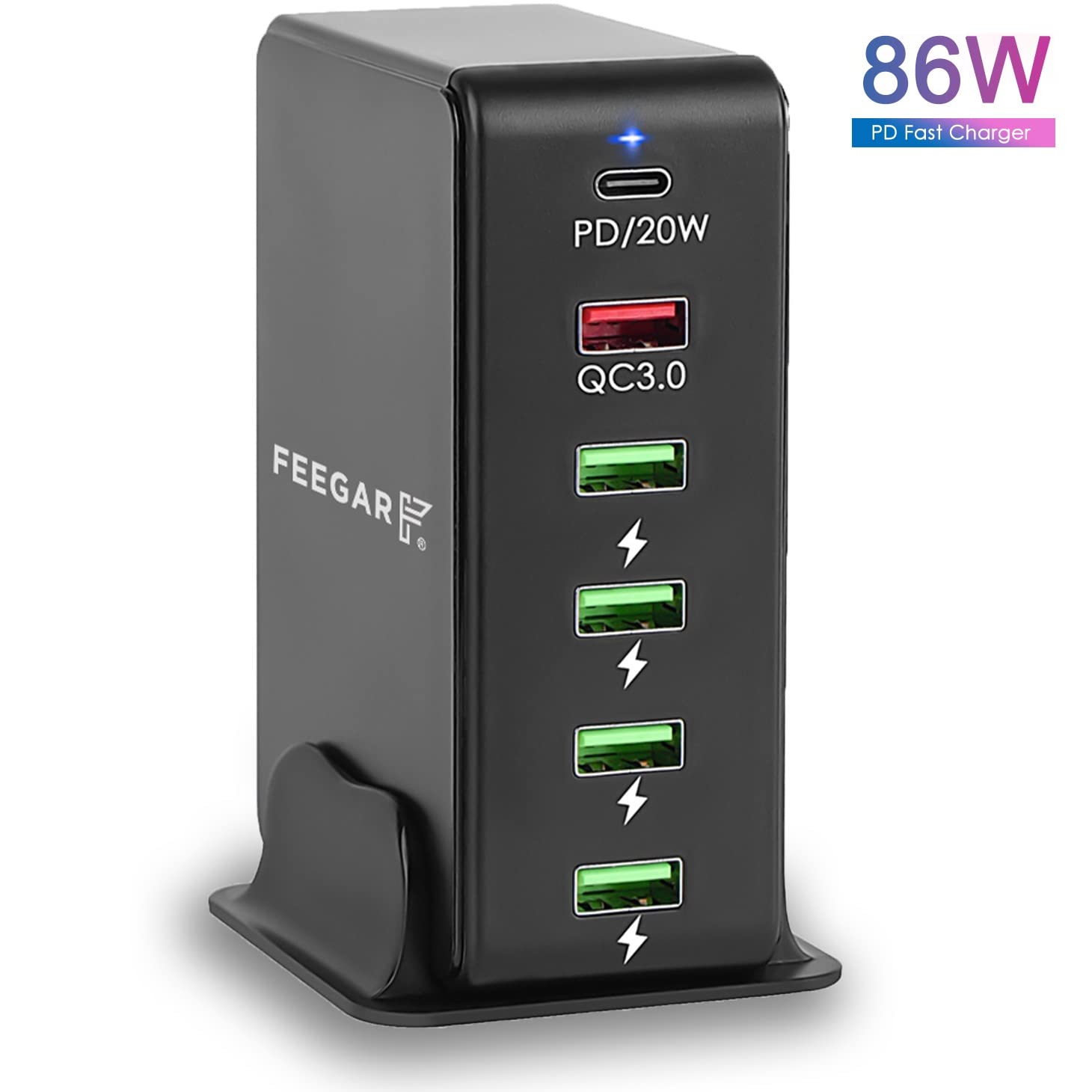 Stacja ładująca Feegar Tower 86W USB 6-portowa ładowarka sieciowa na biurko, przenośna wieloportowa ładowarka USB z 6 USB-A i USB-C PD Quick Charge QC 3.0