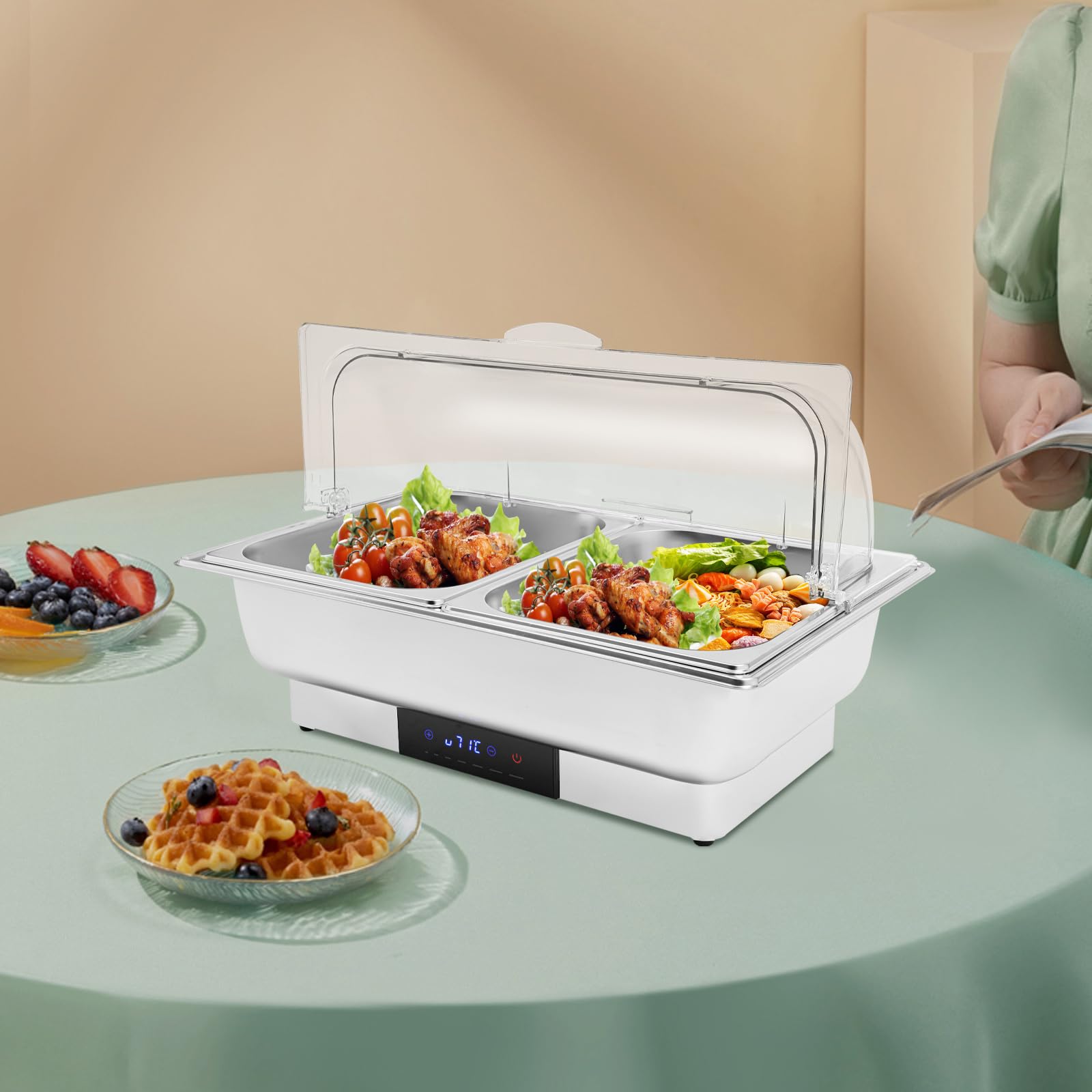 Chafing Box elettrico con 2 padelle, server a buffet da 9 l e scaldabagno in acciaio inox con indicatore di controllo della temperatura e coperchio trasparente, scalda cibo commerciale per feste