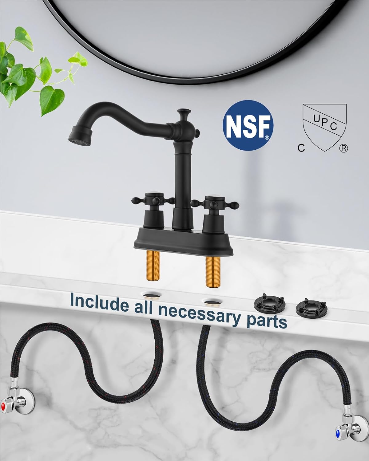Aolemi 4 Inch Centerset Bathroom Sink Faucet Vintage 2 Cross Handle RV Mixer Tap Basin Vanity Lavatory Utility for Sink 3 Hole Include Hoses Pop Up Drain Faucet Handle with Label Matte Black