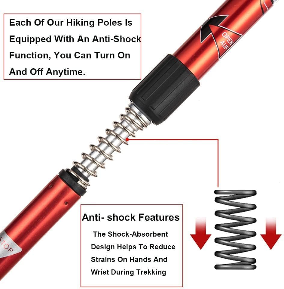 Image of Trekking Poles (2 Pack), Collapsible & Adjustable Hiking Sticks for Men & Women, Lightweight Aluminum Walking Poles with Anti-Shock System & Accessories - for Trekking, Hiking, Walking (Red)