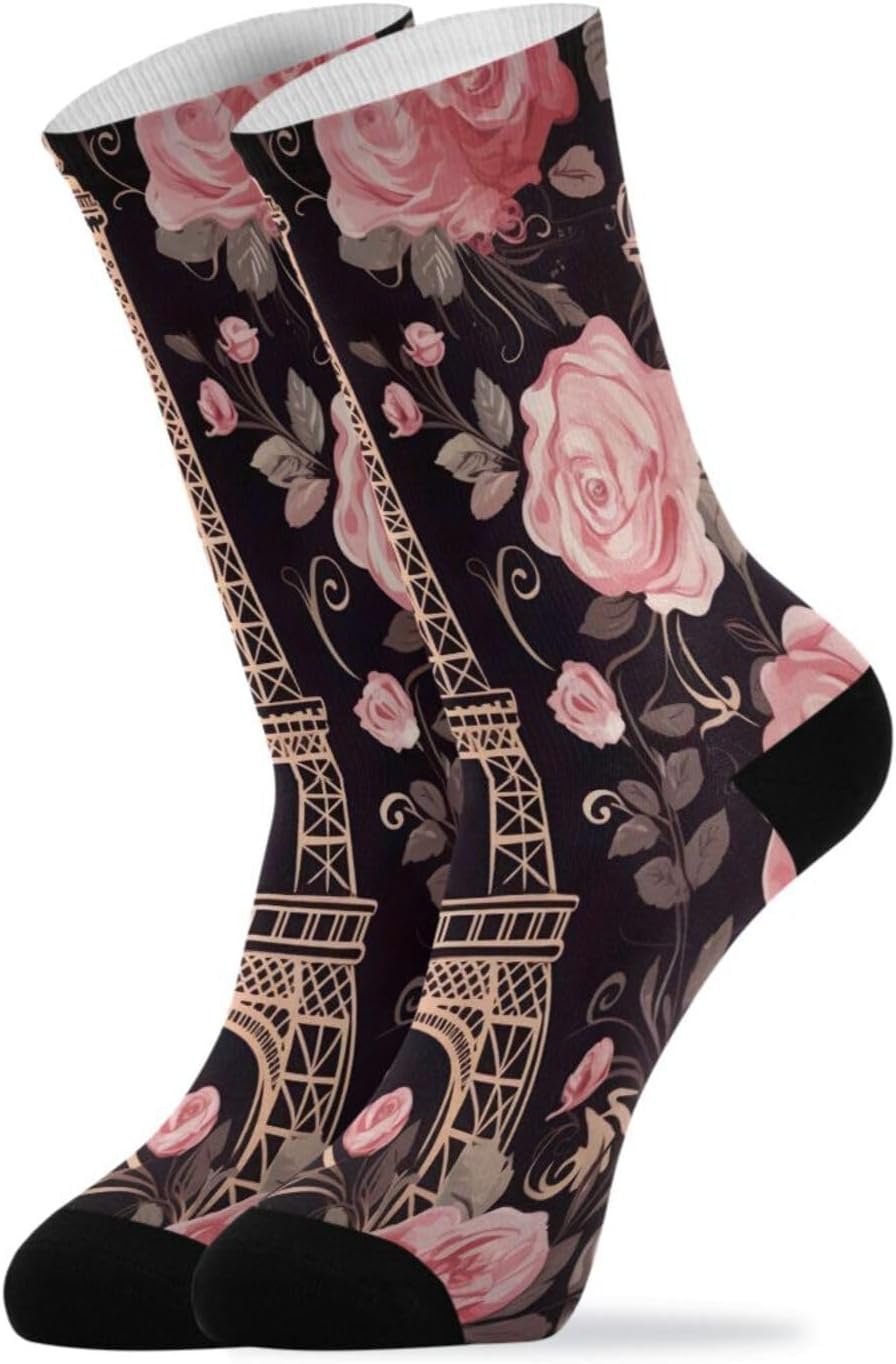 1 Pair Paris Flowers Eiffel Tower Crew Socks Breathable Compression Athletic Socks for Women Men Sport Running Cycling