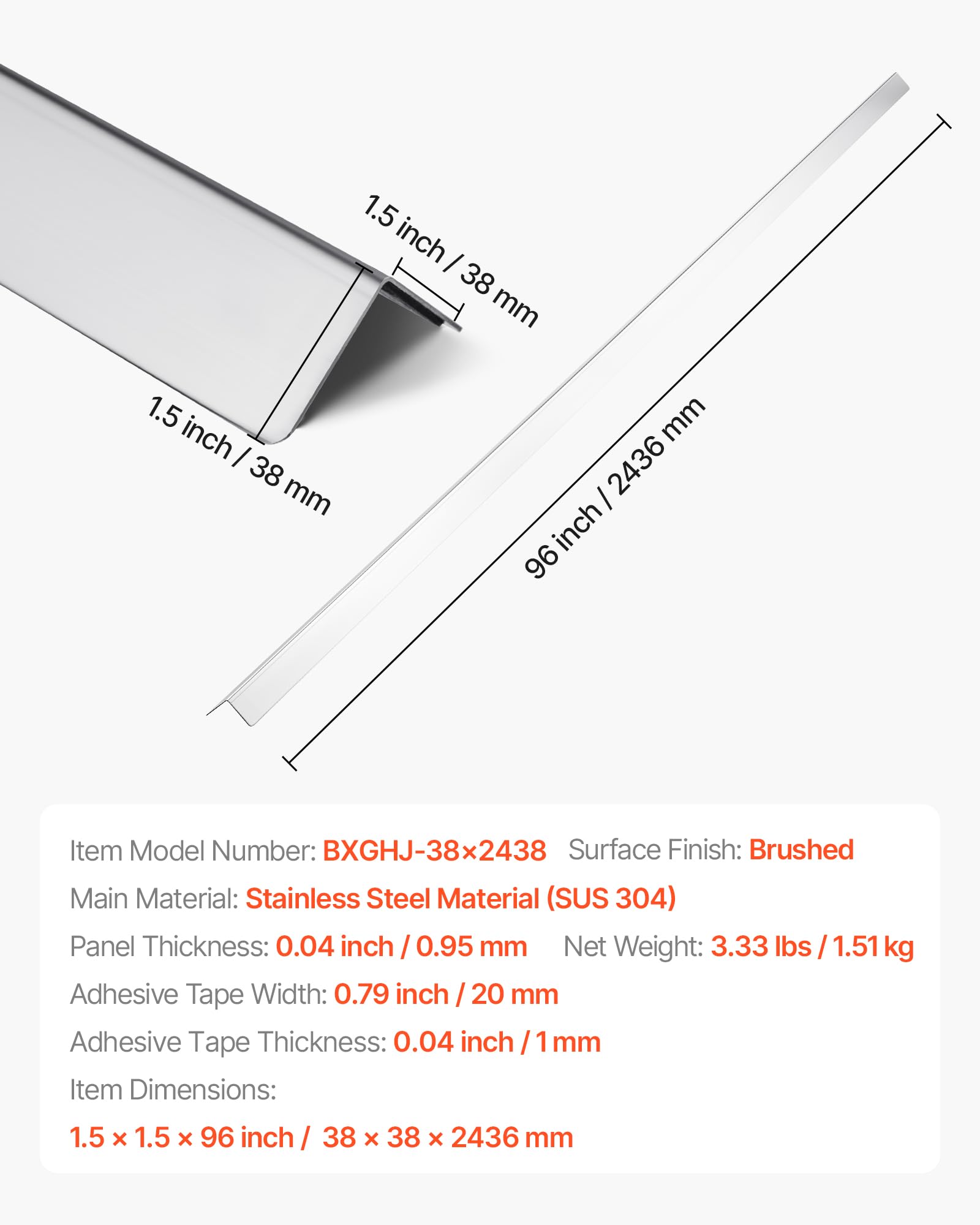 VEVOR Protector de Esquinas de Pared de Acero Inoxidable, 38 x 38 x 2436 mm, Borde de Acero Inoxidable 304 en Ángulo de 90 Grados para el Hogar, la Oficina, con Cinta Adhesiva de 3 m, 10 uds