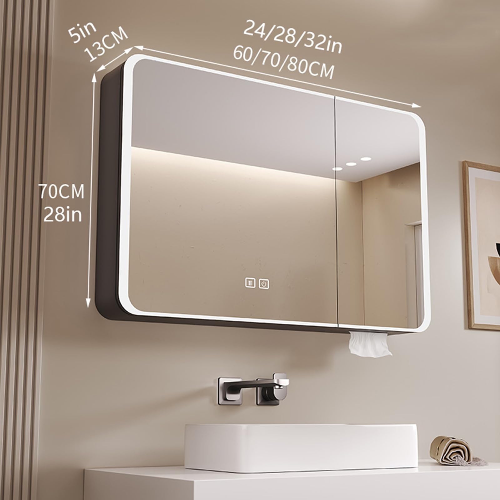Espejo de baño, botiquín Iluminado con Espejo, antivaho, Mueble de baño de Pared con Luces LED, Brillo Ajustable, Espejo de Maquillaje de Pared, Gris, Blanco (Gris, 60 cm de Ancho x 70 cm de