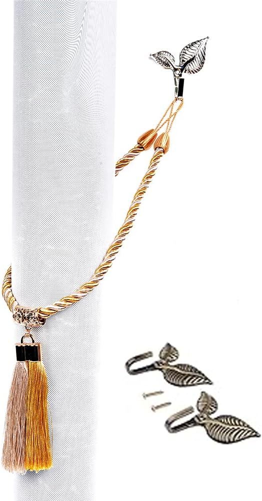 タッセル付きカーテン、2つのメタルフック、クラシックなリーフ型カーテン、ドリルまたは壁掛け、薄いカーテンと厚いカーテンタイの複数の方