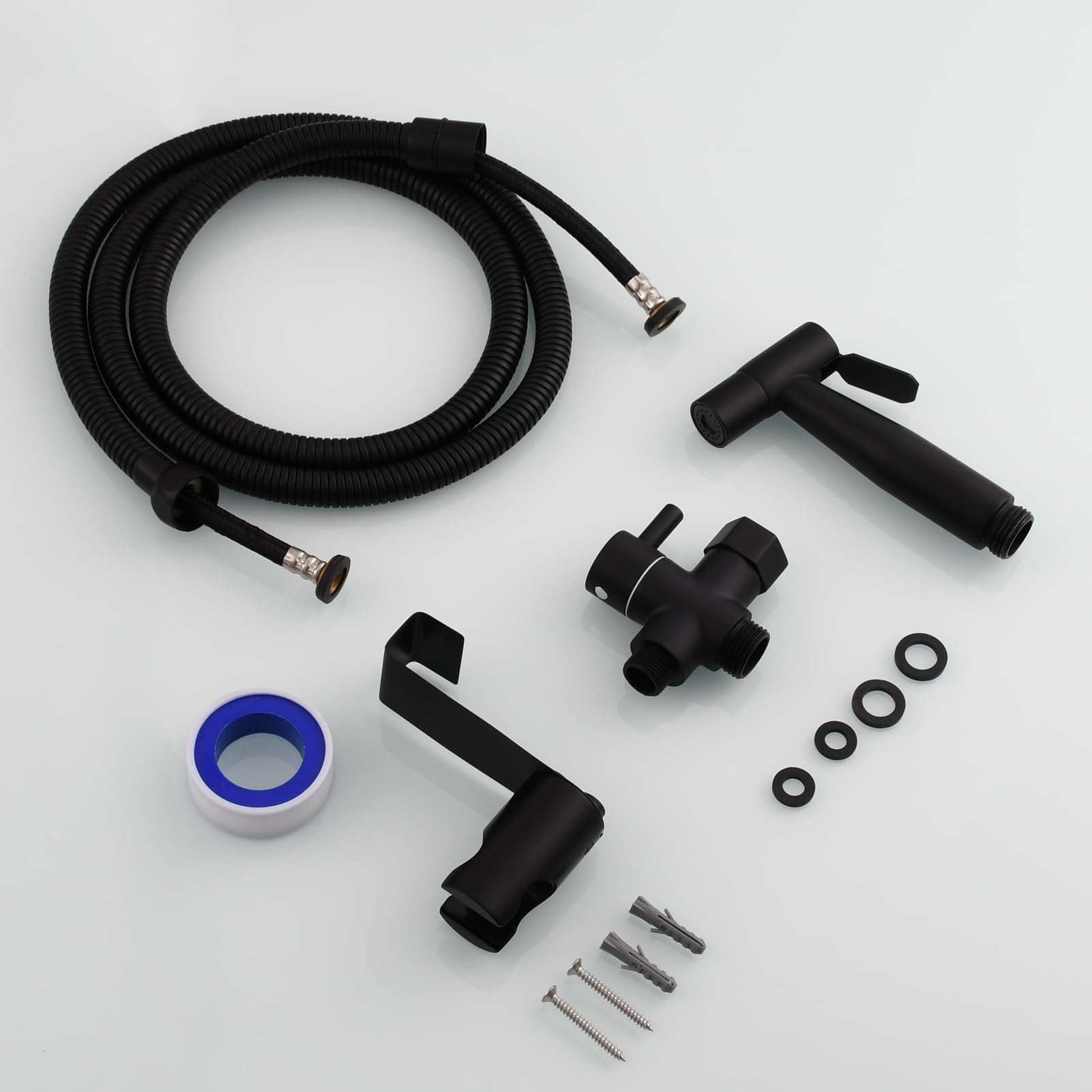 Tecmolog Douchette à Main Bidet Acier Inox Kit Douchette WC avec Vanne WC 3 Voies 3/8"-12/17 et Tuyau de Douche 1.2m, Idéal pour WC Suspend Noir, WS024CF2