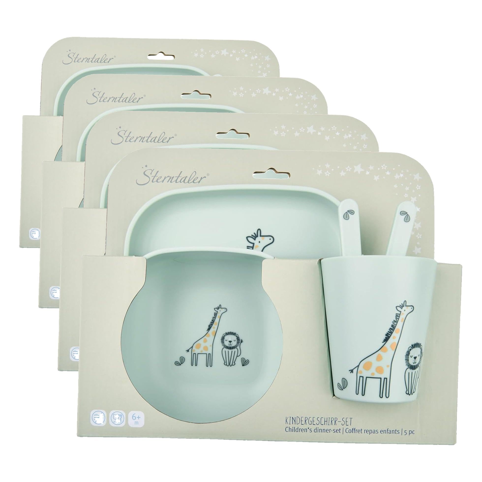 Sterntaler Juego de vajilla de jirafa y león – forma cuadrada con diseño de safari – plato, cuenco, taza y cubiertos, duradero, apto para alimentos, para bebés y niños pequeños, color verde pálido
