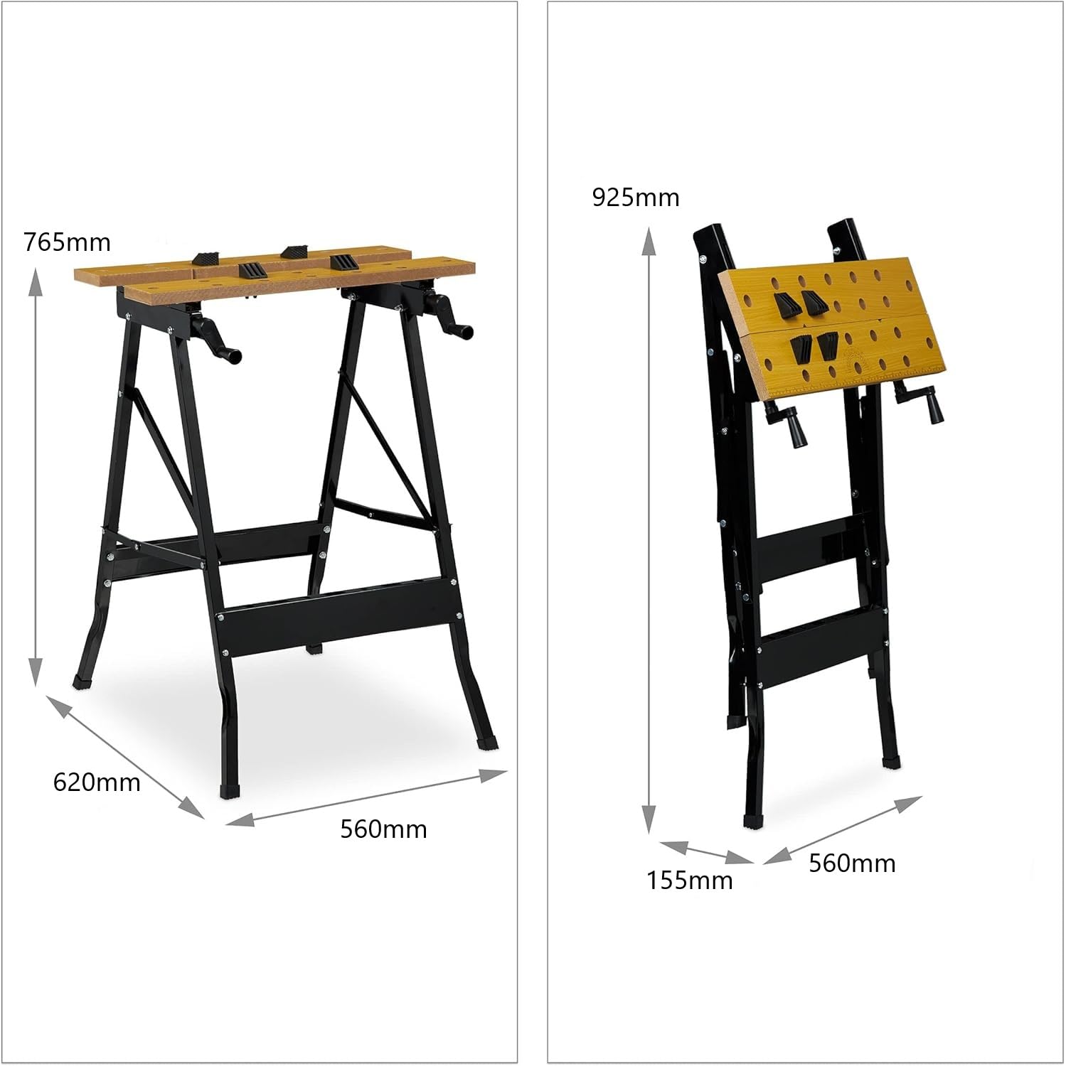 Banco da Lavoro Richiudibile Pieghevole Acciaio e Legno 4 Ganasce 620x560x765mm Portata Max 100KG ideale per lavori domestici, officine e cantieri