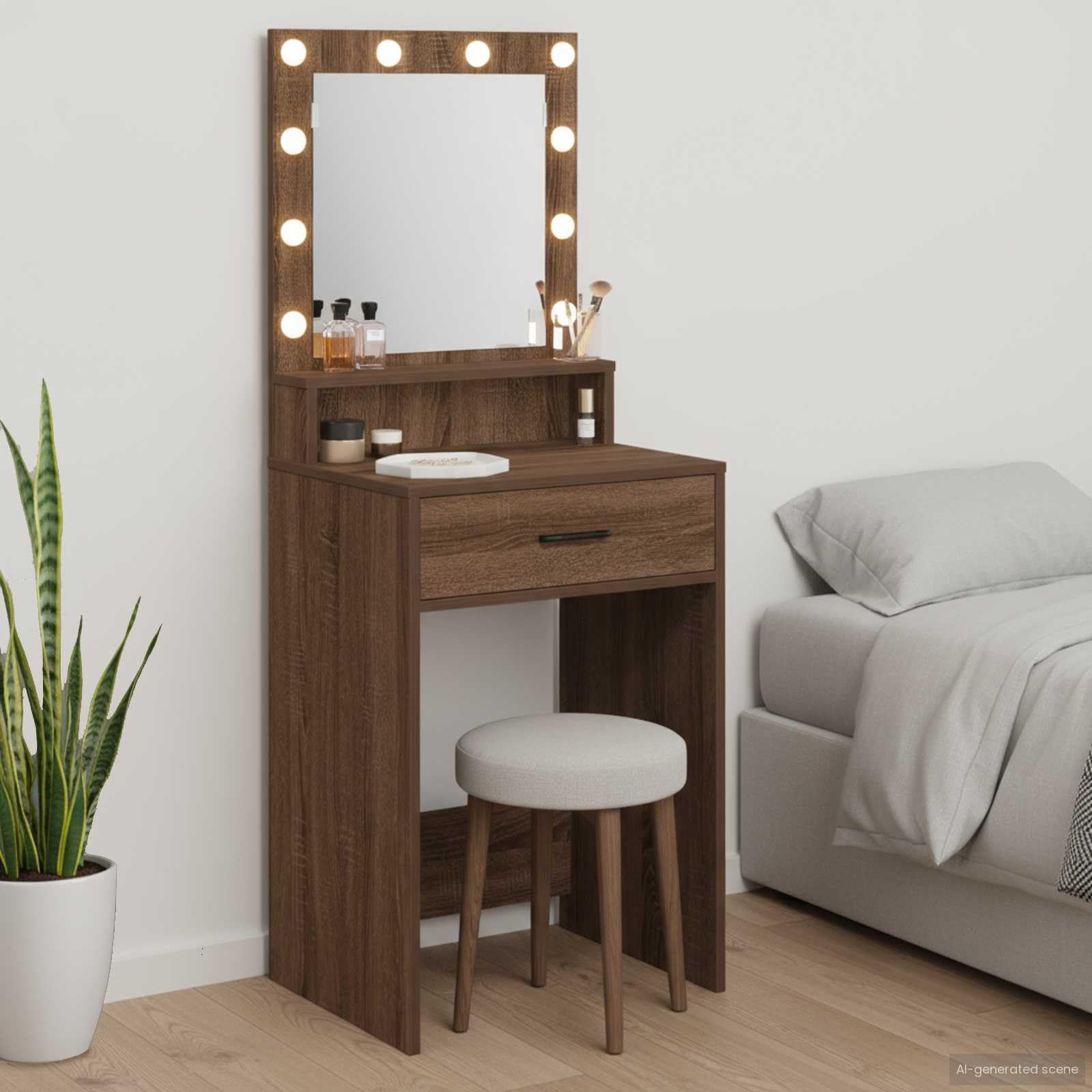 Schminktisch Braun Eichen-Optik Holzwerkstoff 50 x 41 x 135 cm mit LED Beleuchtung, Stauraum und Schublade für Schlafzimmer, Makeup, Pflege, Organizer und Ankleidezimmer