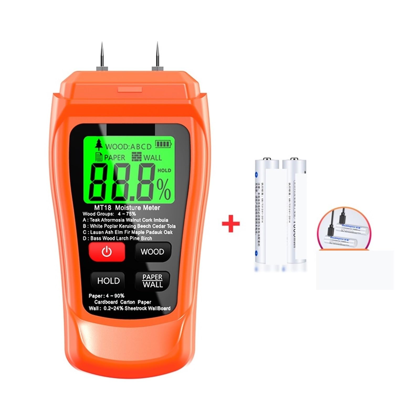 Miernik wilgotności, MT-18 szary 0-99.9% dwa piny cyfrowy miernik wilgotności drewna Tester papieru higrometr ścienny wykrywacz wilgoci w drewnie(Orange with battery)