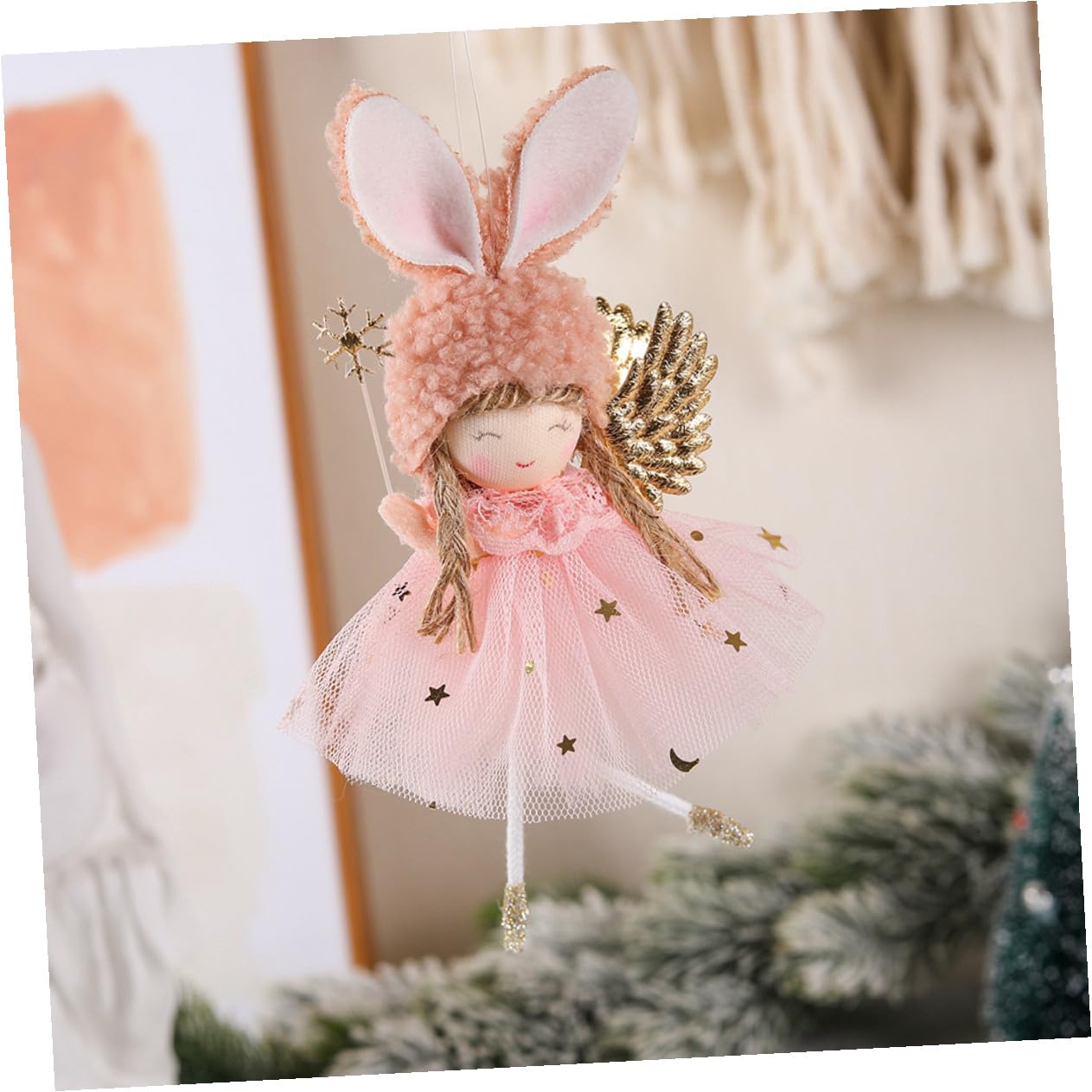 NUOBESTY Lot de 2 Décorations Suspendues d'ange pour Sapin de Noël Figurines Jupe en Tulle Rose Accessoires d'arbre Festifs Ornements Suspendus pour Décoration Intérieure et Extérieure
