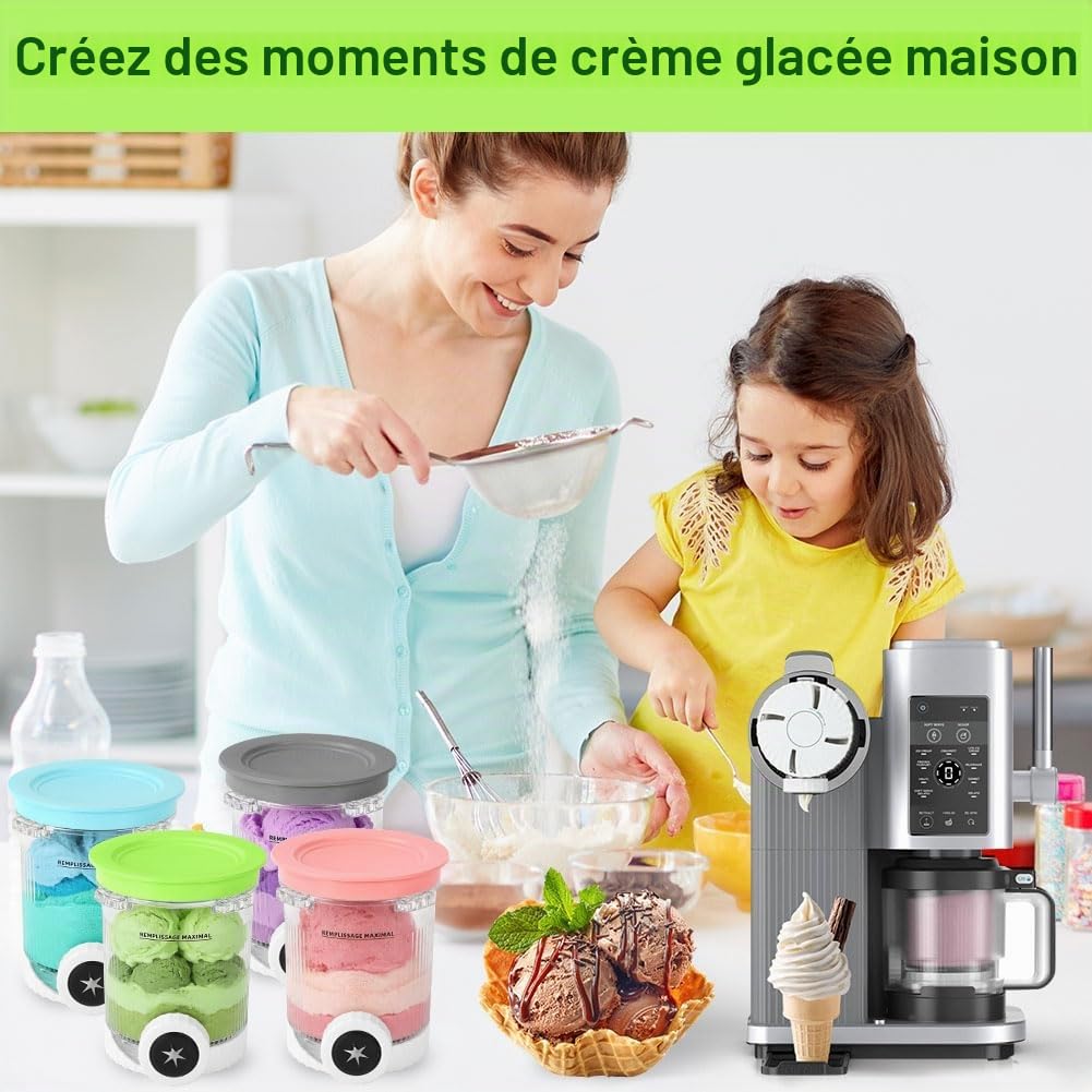 Contenant de Crème Glacée, 4 Pièces Récipient à Crème Glacée, 473 ML Récipient avec Couvercle Accessoires pour Ninja CREAMi Swirl NC700 et NC701, Sans BPA et Lave-Vaisselle