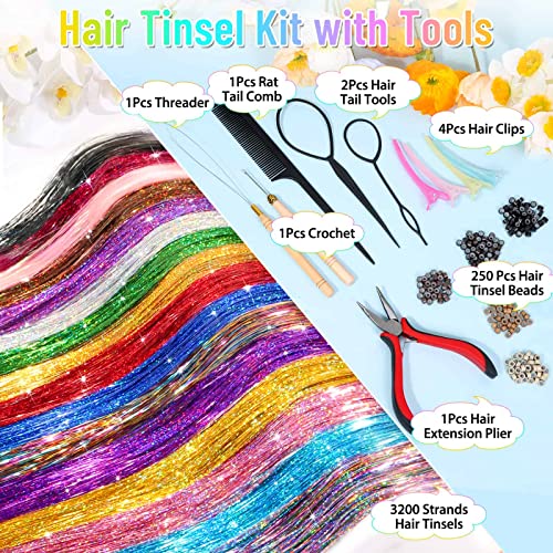 Hair Tinsel Kit (48 Inch,16 Colors, 3200 Strands), Glitter Tinsel Hair Extensions With Tools, Heat Resistant Fairy Hair Tinsel Kit For Women Girls Kids Daily Parties Festival Hair Accessories #TOP1